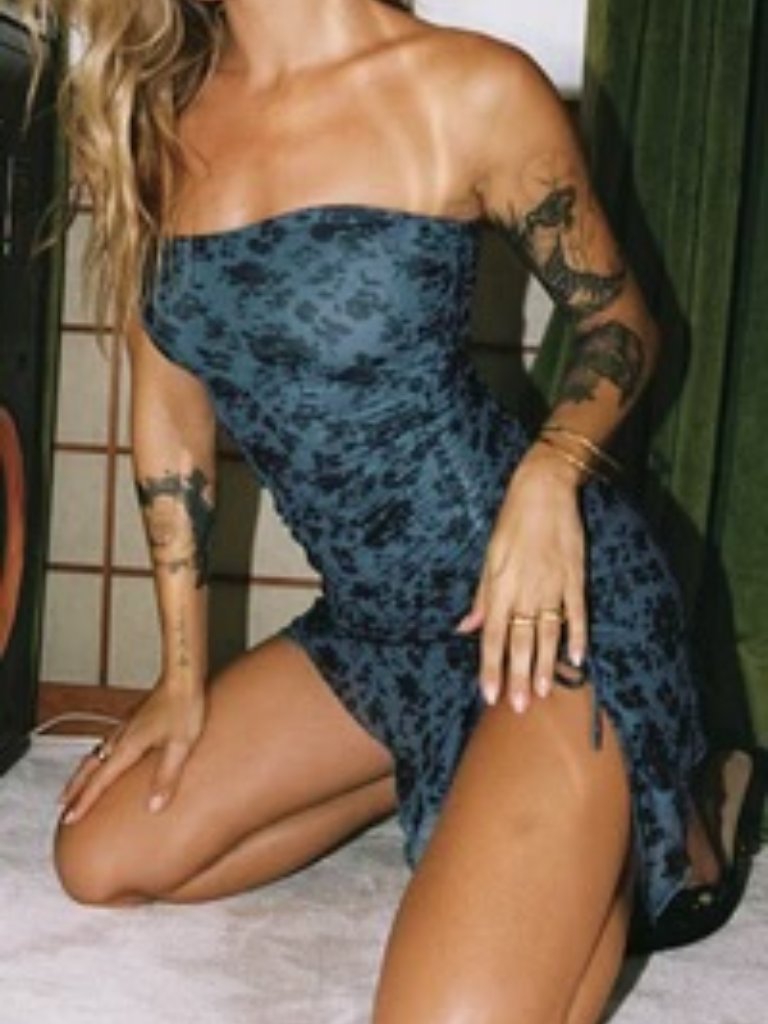 Blue/Black Floral Strapless Bodycon Mini Dress Size 6 Y2k Going Out